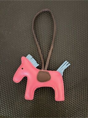 Pink Horse vegan Leather Bag Charm with Blue Fringe Tail